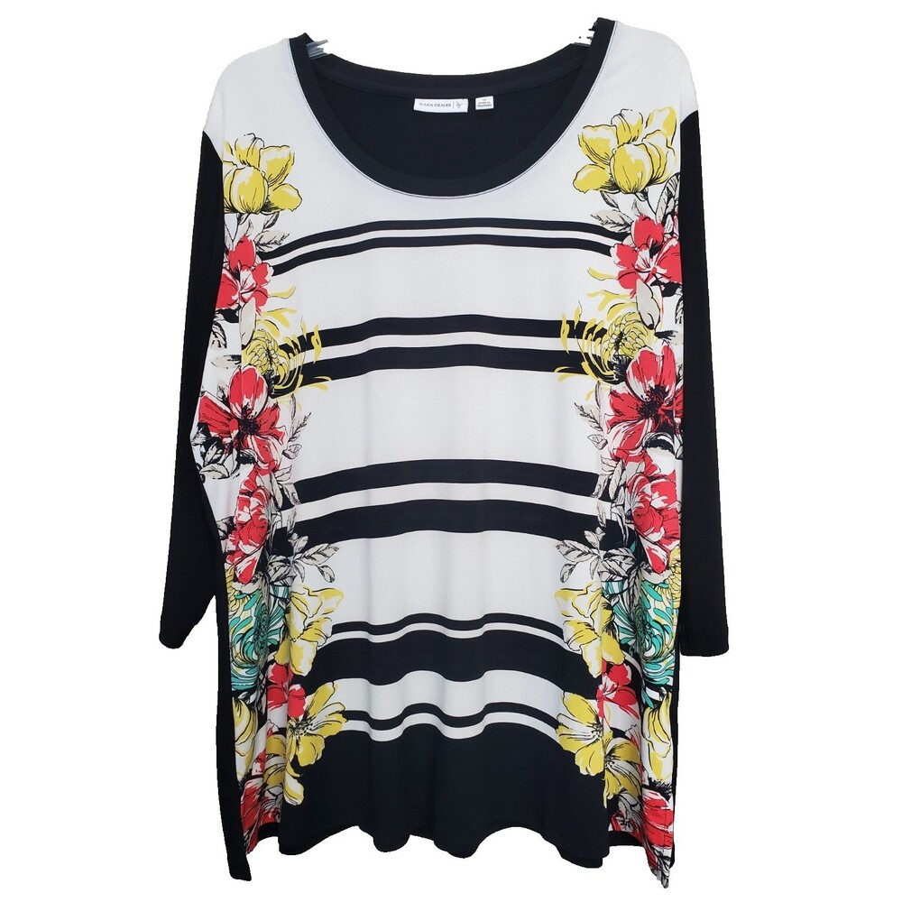 Susan Graver LiquidKnit Black Striped Floral Tunic Size 1X